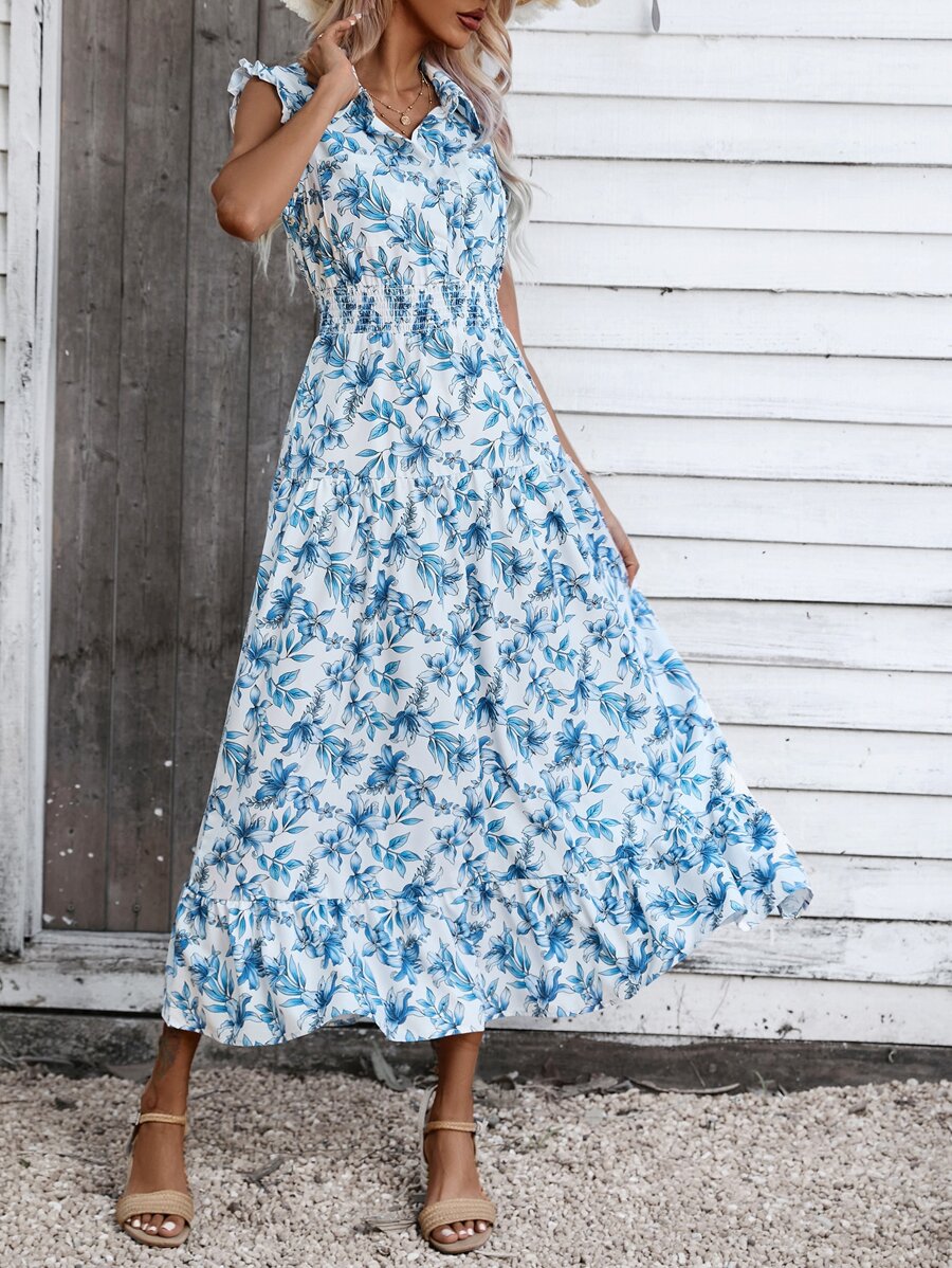 SHEIN VCAY Allover Floral Print Layered Hem Dress - Blue and White - View 1