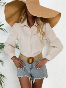 SHEIN VCAY Solid Button Front Puff Sleeve Shirt - Khaki - View 3