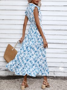 SHEIN VCAY Allover Floral Print Layered Hem Dress - Blue and White - View 2