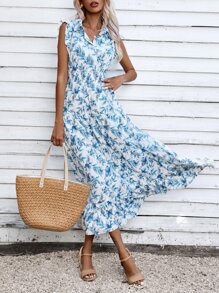 SHEIN VCAY Allover Floral Print Layered Hem Dress - Blue and White - View 4