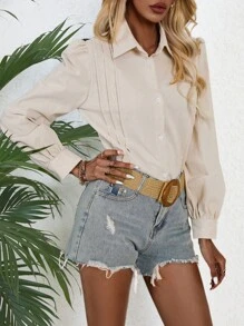 SHEIN VCAY Solid Button Front Puff Sleeve Shirt - Khaki - View 6