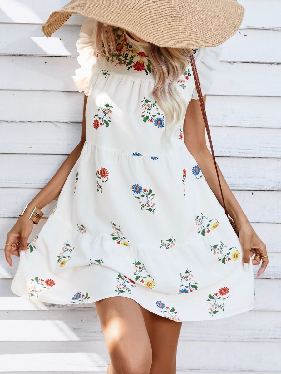 GENKIRA Floral Print Ruffle Trim Smock Dress - White - View 1