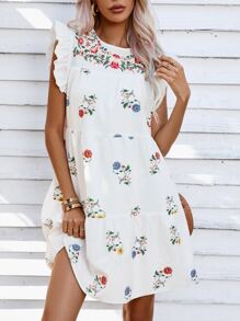 GENKIRA Floral Print Ruffle Trim Smock Dress - White - View 3