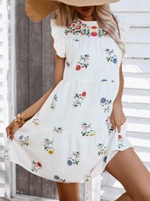 GENKIRA Floral Print Ruffle Trim Smock Dress - White - View 4