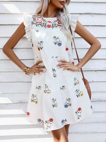 GENKIRA Floral Print Ruffle Trim Smock Dress - White - View 5