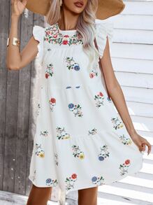 GENKIRA Floral Print Ruffle Trim Smock Dress - White - View 6