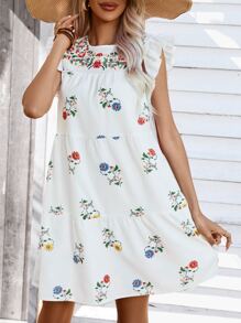 GENKIRA Floral Print Ruffle Trim Smock Dress - White - View 7