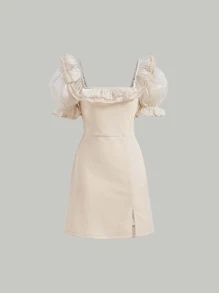 SHEIN MOD Vestido ribete con fruncido de manga farol bajo con abertura - Beis - Ver 2