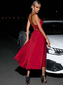 GENKIRA Crisscross Backless Split Thigh Cami Dress - Red - View 2