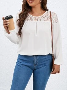 SHEIN Franclia Plus Contrast Lace Lantern Sleeve Blouse - White - View 1