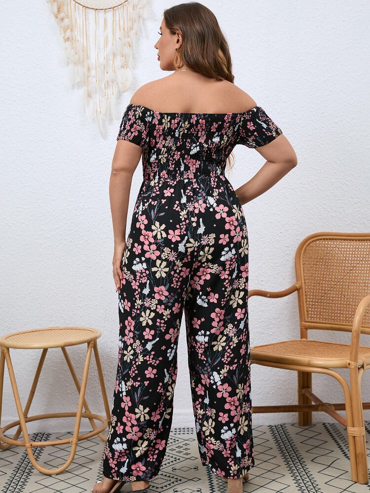 Plus Size Boho Floral Print Off Shoulder Jumpsuit, For Summer