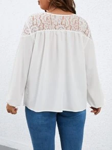 SHEIN Franclia Plus Contrast Lace Lantern Sleeve Blouse - White - View 2