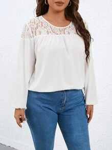 SHEIN Franclia Plus Contrast Lace Lantern Sleeve Blouse - White - View 3