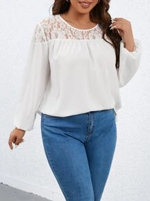 SHEIN Franclia Plus Contrast Lace Lantern Sleeve Blouse - White - View 4