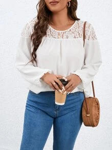 SHEIN Franclia Plus Contrast Lace Lantern Sleeve Blouse - White - View 5