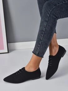 Minimalist Lace-up Front Point Toe Oxford Shoes - Black - View 2