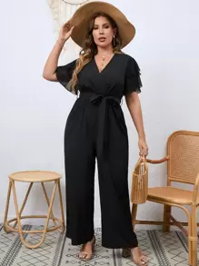 Flirla Plus Butterfly Sleeve Belted Wide Leg Jumpsuit - Black - View 1