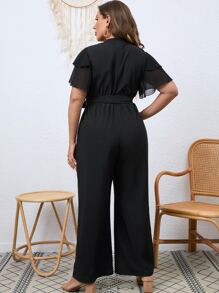 Flirla Plus Butterfly Sleeve Belted Wide Leg Jumpsuit - Black - View 2