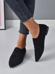 Minimalist Lace-up Front Point Toe Oxford Shoes - Black - View 6