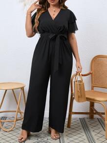 Flirla Plus Butterfly Sleeve Belted Wide Leg Jumpsuit - Black - View 3