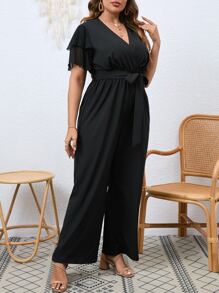 Flirla Plus Butterfly Sleeve Belted Wide Leg Jumpsuit - Black - View 6