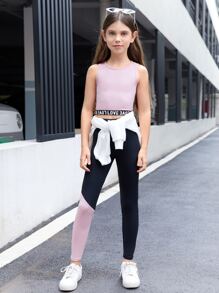 SHEIN Girls Letter Graphic Tank Top & Colourblock Leggings - Multicolor - View 4