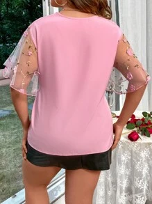 SHEIN LUNE Plus Embroidery Floral Contrast Mesh Sleeve Belted Blouse - Pink - View 3