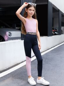 SHEIN Girls Letter Graphic Tank Top & Colourblock Leggings - Multicolor - View 5