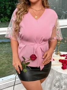 SHEIN LUNE Plus Embroidery Floral Contrast Mesh Sleeve Belted Blouse - Pink - View 5