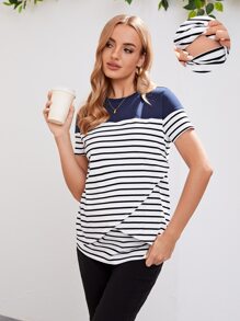SHEIN Maternity Striped Print Nursing Tee - Blue and White - View 1