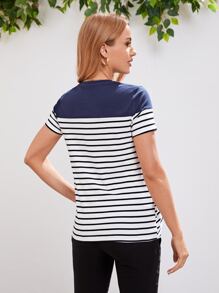 SHEIN Maternity Striped Print Nursing Tee - Blue and White - View 2