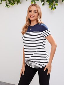SHEIN Maternity Striped Print Nursing Tee - Blue and White - View 3