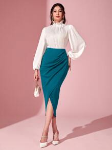 Modelyn Ruched Tulip Hem Skirt - Teal Blue - View 5