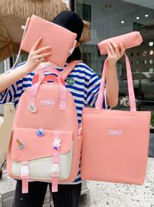 4pcs Badge Decor Letter Graphic Functional Backpack Set