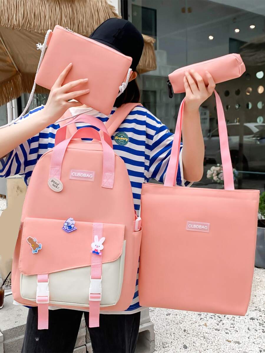 4pcs Badge Decor Letter Graphic Functional Backpack Set