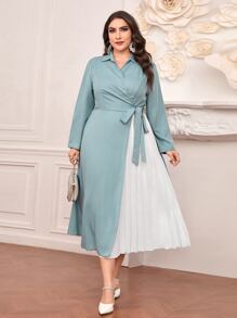 Modelyn 大碼百褶下擺圍裹側打結連衣裙 - 淺藍色 - 查看 1