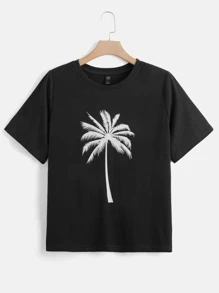 SHEIN LUNE Plus Coconut Tree Print Tee - Black - View 1