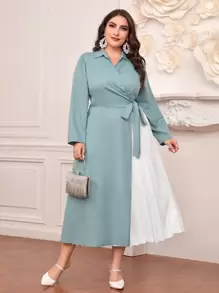 Modelyn 大碼百褶下擺圍裹側打結連衣裙 - 淺藍色 - 查看 3