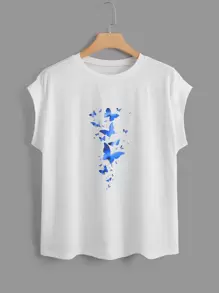 SHEIN LUNE Plus Butterfly Print Batwing Sleeve Tee - White - View 1