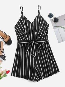 SHEIN Holidaya Plus Striped Print Belted Cami Romper - Black and White - View 1