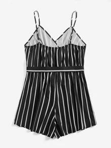 SHEIN Holidaya Plus Striped Print Belted Cami Romper - Black and White - View 2