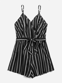 SHEIN Holidaya Plus Striped Print Belted Cami Romper - Black and White - View 3