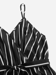 SHEIN Holidaya Plus Striped Print Belted Cami Romper - Black and White - View 4