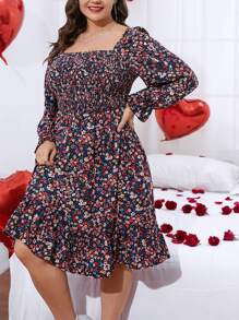 SHEIN LUNE Plus Ditsy Floral Print Flounce Sleeve Ruffle Hem Dress - Multicolor - View 1
