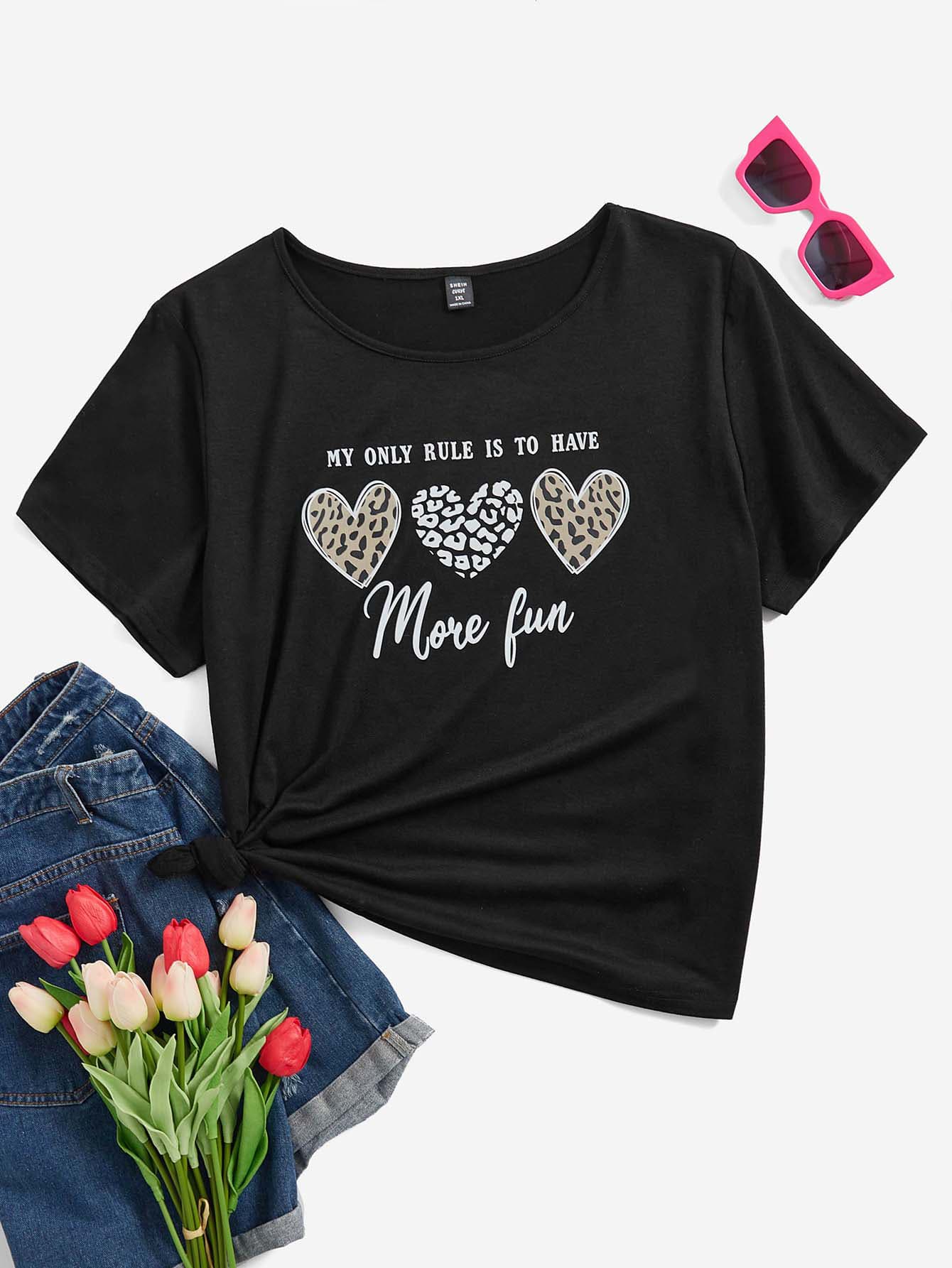 SHEIN LUNE 大碼愛心和標語圖案T恤 - 黑色 - 查看 1