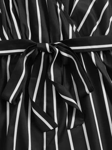 SHEIN Holidaya Plus Striped Print Belted Cami Romper - Black and White - View 5