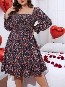 SHEIN LUNE Plus Ditsy Floral Print Flounce Sleeve Ruffle Hem Dress - Multicolor - View 3