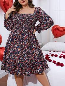 SHEIN LUNE Plus Ditsy Floral Print Flounce Sleeve Ruffle Hem Dress - Multicolor - View 4