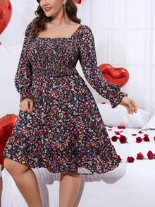 SHEIN LUNE Plus Ditsy Floral Print Flounce Sleeve Ruffle Hem Dress - Multicolor - View 5