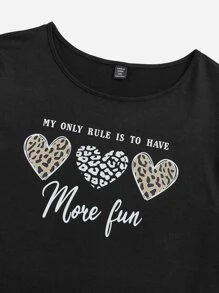 SHEIN LUNE 大碼愛心和標語圖案T恤 - 黑色 - 查看 4